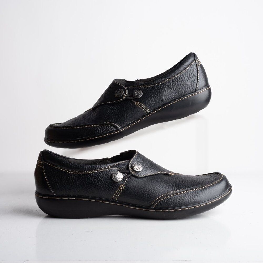 Clarks Womens Ashland Lane Q Leather Shoes Flats Black Sz US 9.5 Narrow NWB